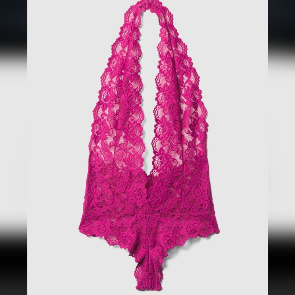 Frederick's Lingerie Fuchsia Pink Lace Teddy Plunge Halter Bodysuit Plus 2X